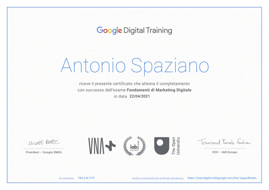 Attestato di Antonio Spaziano: Fondamenti di marketing digitale (2021)