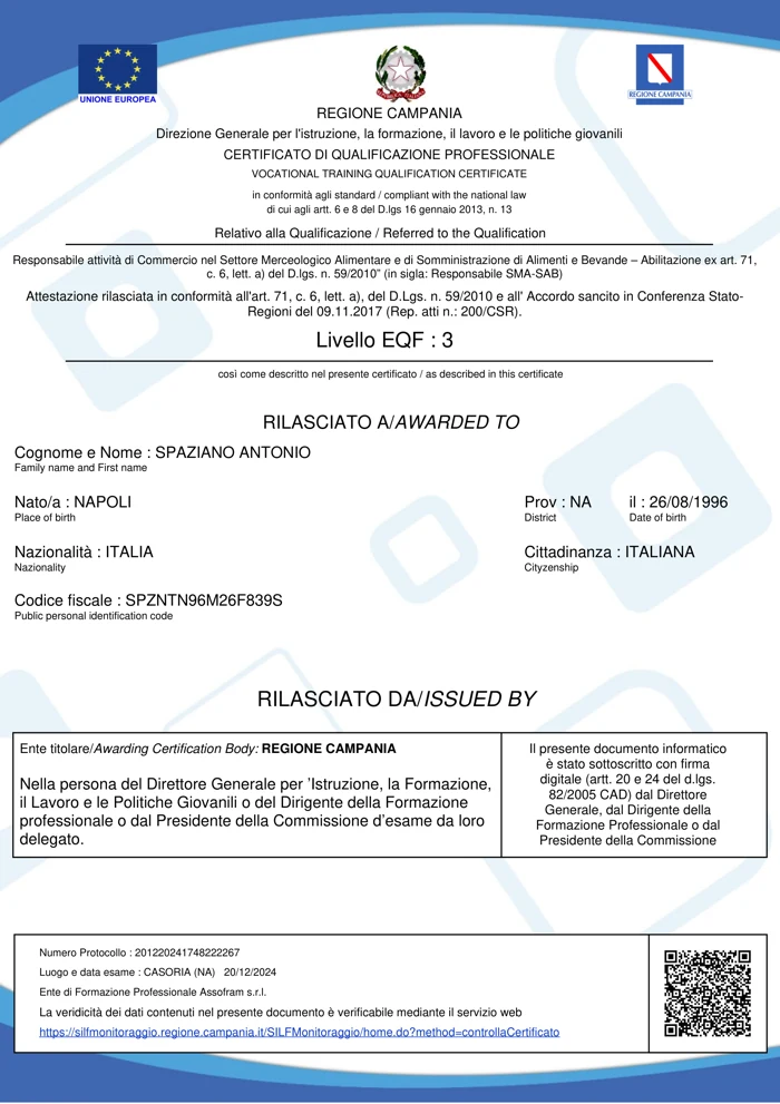 Prima pagina dell’attestato SMA/SAB di Antonio Spaziano